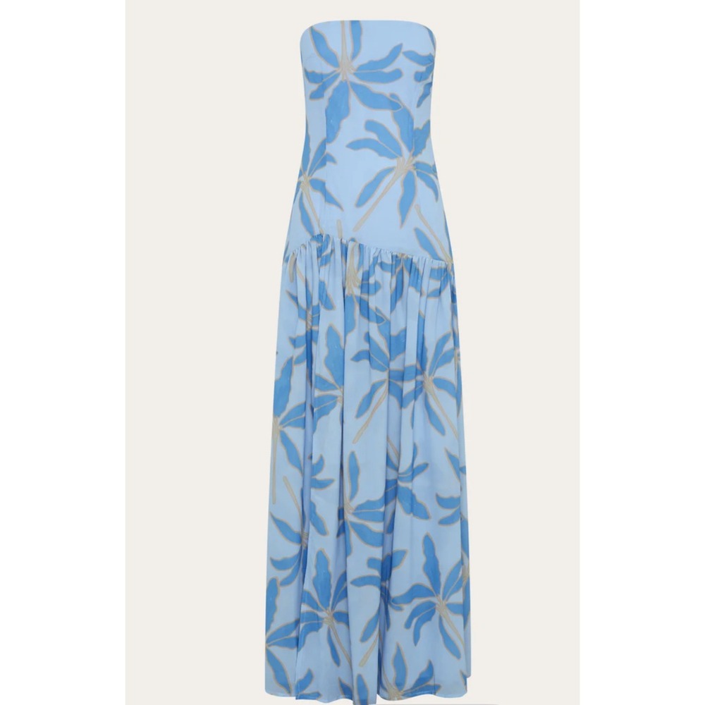 Peppermayo Eden Strapless Maxi Dress Blue Floral Palm Print High Slit NWT - Picture 3 of 6